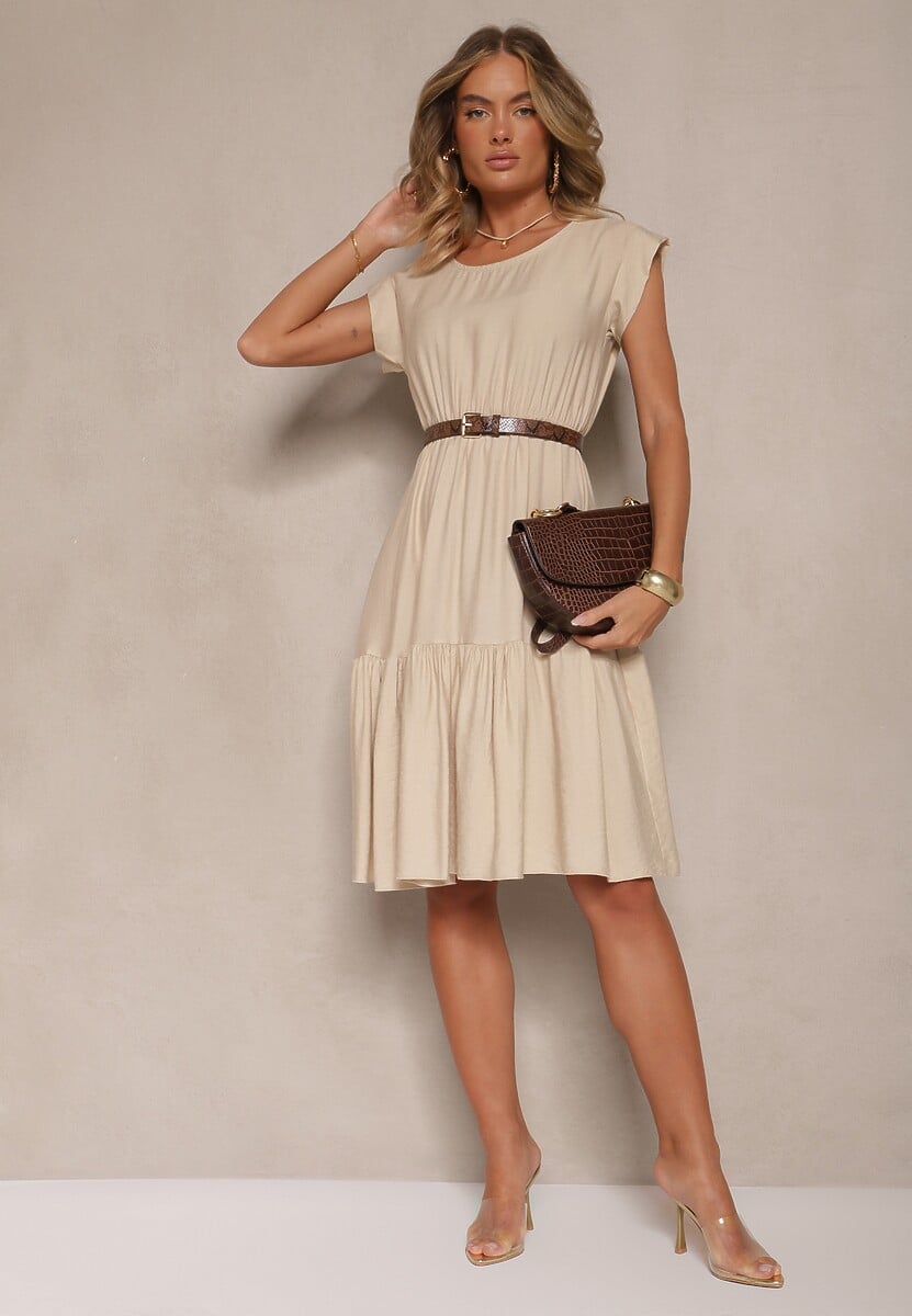 Beżowa Rozkloszowana Sukienka z Wiskozy Linurea