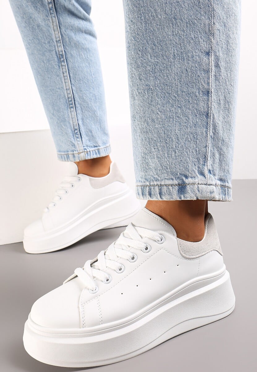 Biało-Szare Sznurowane Sneakersy na Platformie z Aplikacją przy Sznurówkach Khirlie