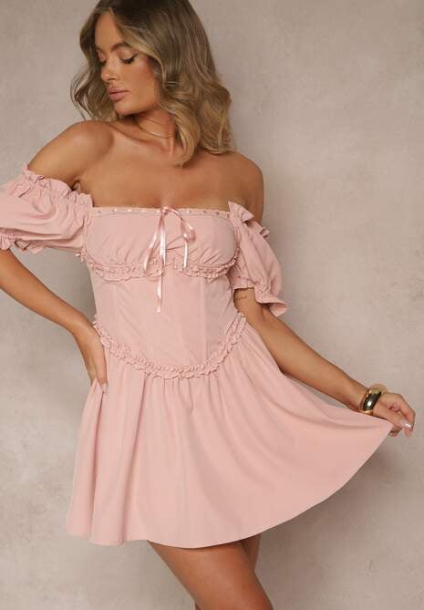 Różowa Rustykalna Sukienka Vices z Gorsetowym Wiązaniem Tolarina