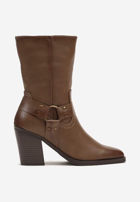 Ciemnobeżowe Ocieplane Botki na Stożkowym Obcasie z Ozdobną Klamrą Verinique