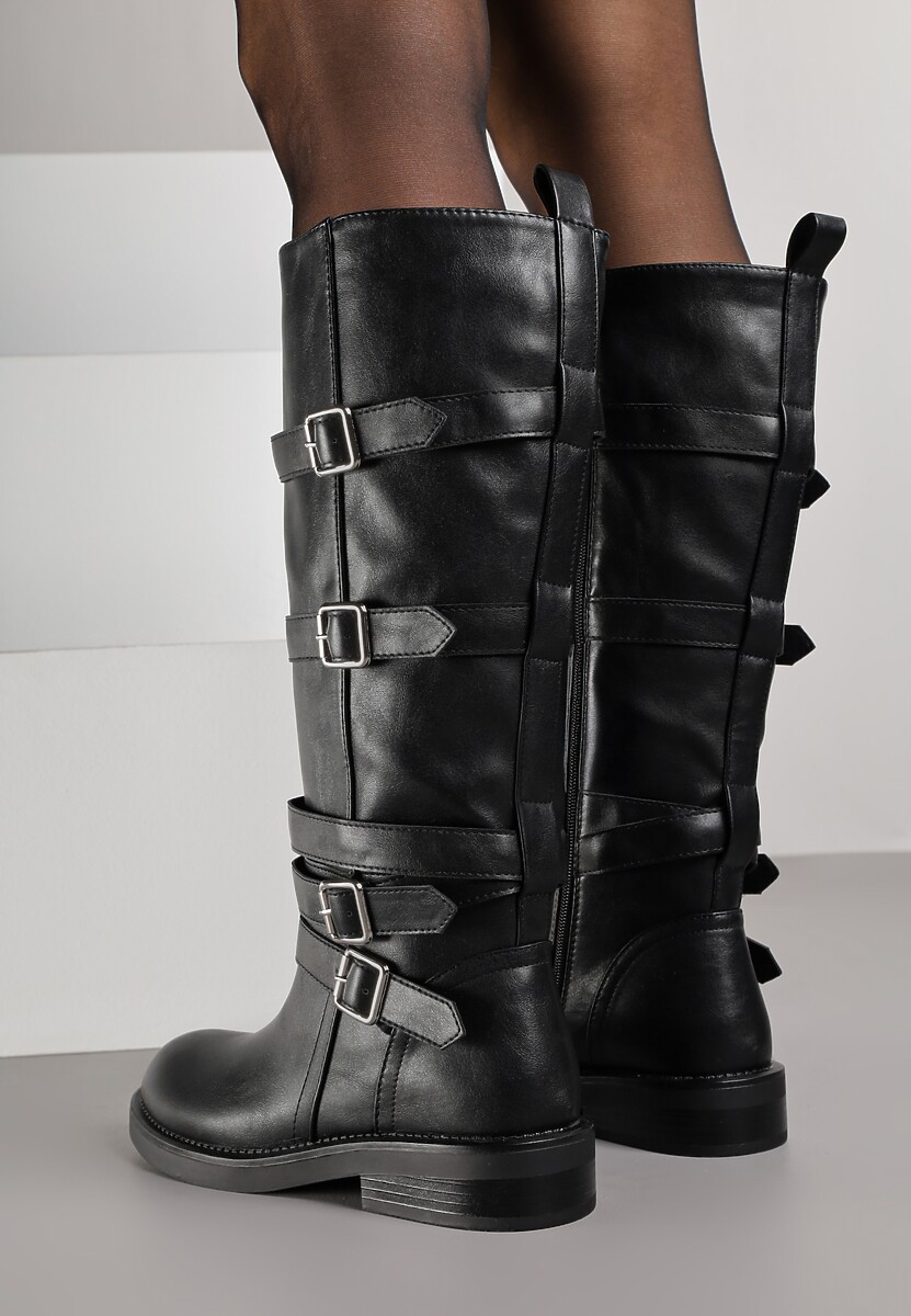 Czarne Kozaki Typu Bikery z Kwadratowymi Klamrami i Paskami Linadra