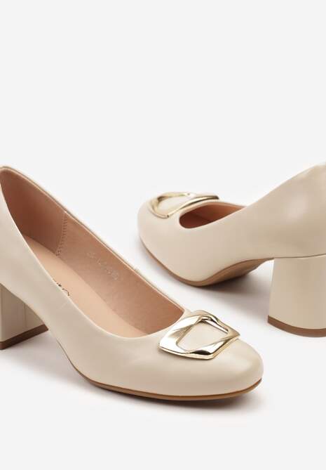 Beżowe Czółenka na Słupku ze Skórzaną Wkładką i Klamrą Revaia