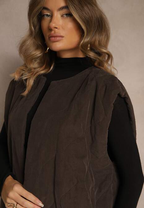 Brązowa Sztruksowa Kamizelka z Bawełny Bez Zapięć Tisanna