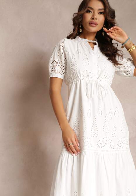 Biała Haftowana Sukienka Bawełniana ze Ściągaczem w Talii Ineryna