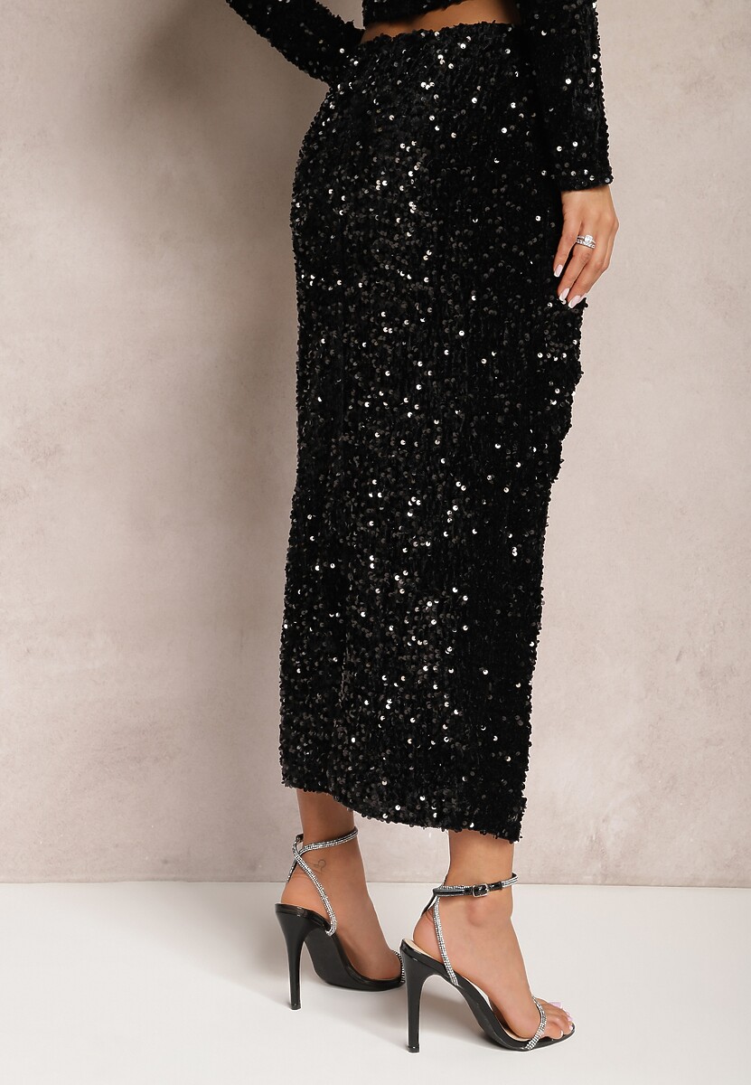 Czarna Spódnica Midi Ozdobiona Cekinami i Drapowaniem Noaletta