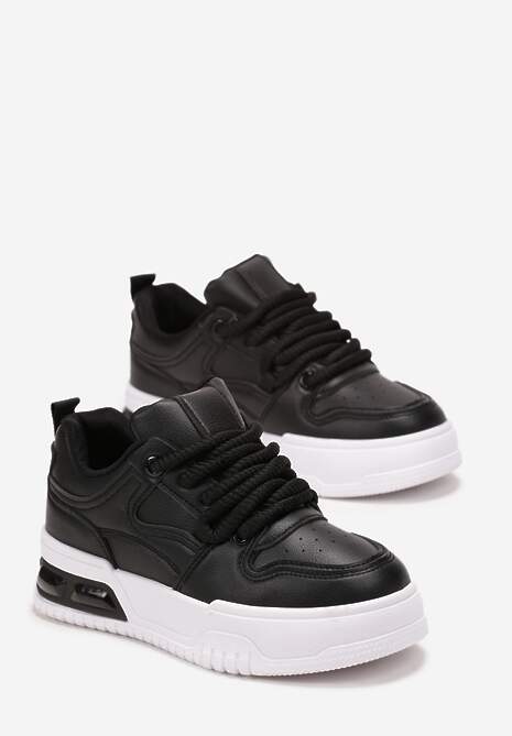 Czarne Sneakersy na Platformie z Imitacji Skóry z Przeszyciami i Sznurowaniem Celende