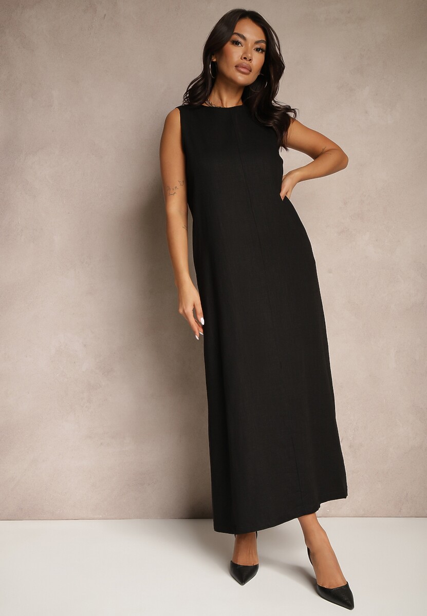 Czarna Sukienka z Wiskozą i Lnem o Pudełkowym Kroju z Rozcięciem z Tyłu Elvivis
