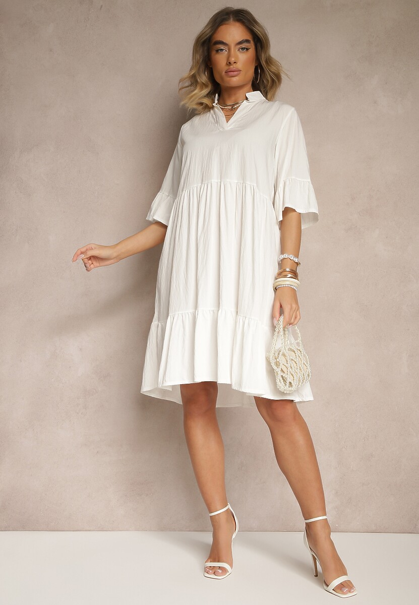 Biała Rozkloszowana Sukienka z Wiskozą i Falbanami Eviranna