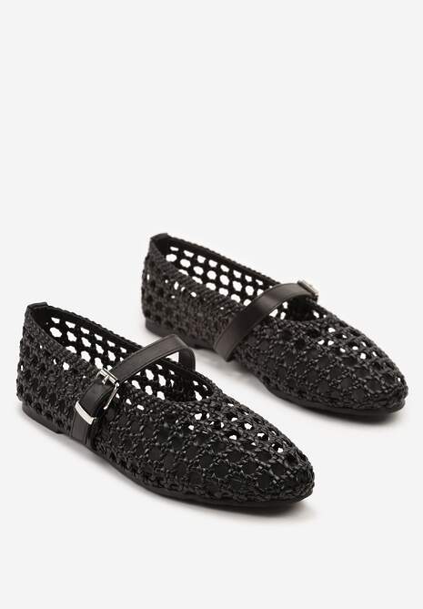 Czarne Balerinki Ozdobione Paskiem i Plecionką Linalanna