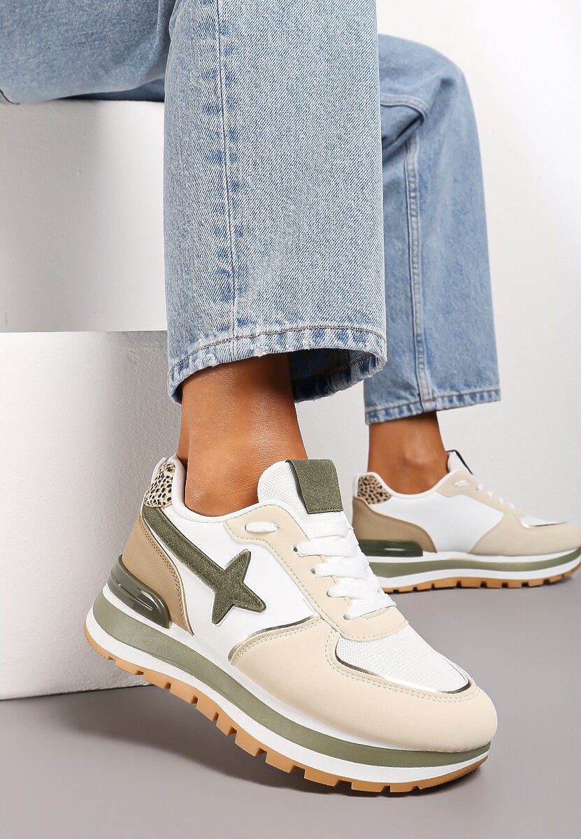 Beżowo-Zielone Sneakersy na Niskiej Platformie z Ozdobnymi Wstawkami na Cholewce Suno