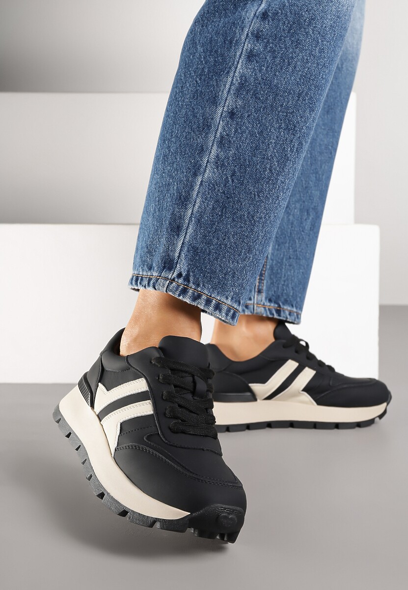 Czarno-Beżowe Sneakersy na Grubej Podeszwie Zdobione Przeszyciami Lulline