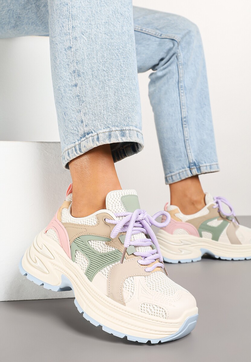 Białe Sneakersy na Platformie z Tłoczeniem i Geometrycznym Wzorem Melvila