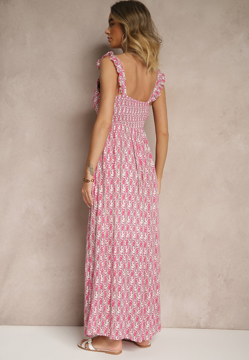 Fuksjowa Sukienka z Wiskozy z Falbankami w Kwiatowy Wzór Redeine