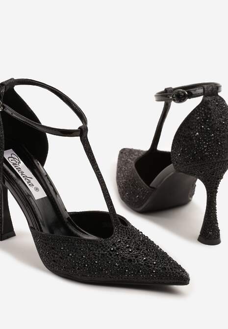 Czarne Cyrkoniowe Sandały na Szpilce ze Szpiczastym Noskiem Ulonella
