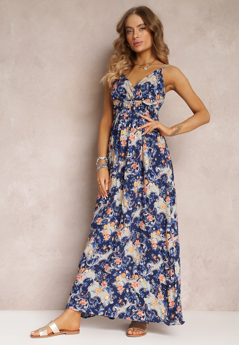 Granatowa Rozkloszowana Sukienka Maxi na Regulowanych Ramiączkach z Gumką w Talii Gwendi