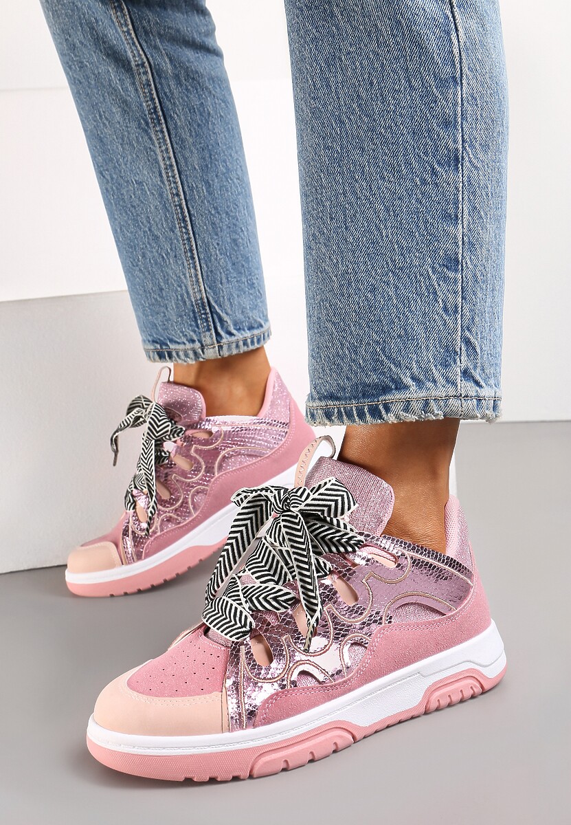 Różowe Sneakersy Ozdobione Brokatem z Oryginalnym Sznurowaniem Patricie