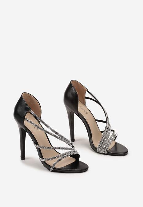 Czarne Asymetryczne Sandały na Szpilce Zdobione Cyrkoniami Aarnia