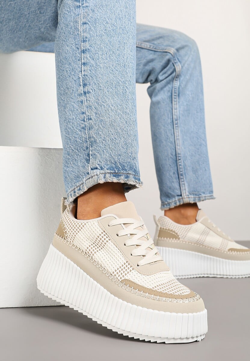 Beżowe Sneakersy na Tłoczonej Platformie z Ozdobnymi Przeszyciami Faloviela