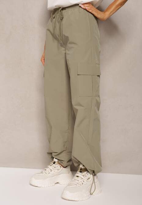 Zielone Bojówki Spodnie z Gumką w Pasie z Szerokimi Nogawkami ze Ściągaczami Nellava