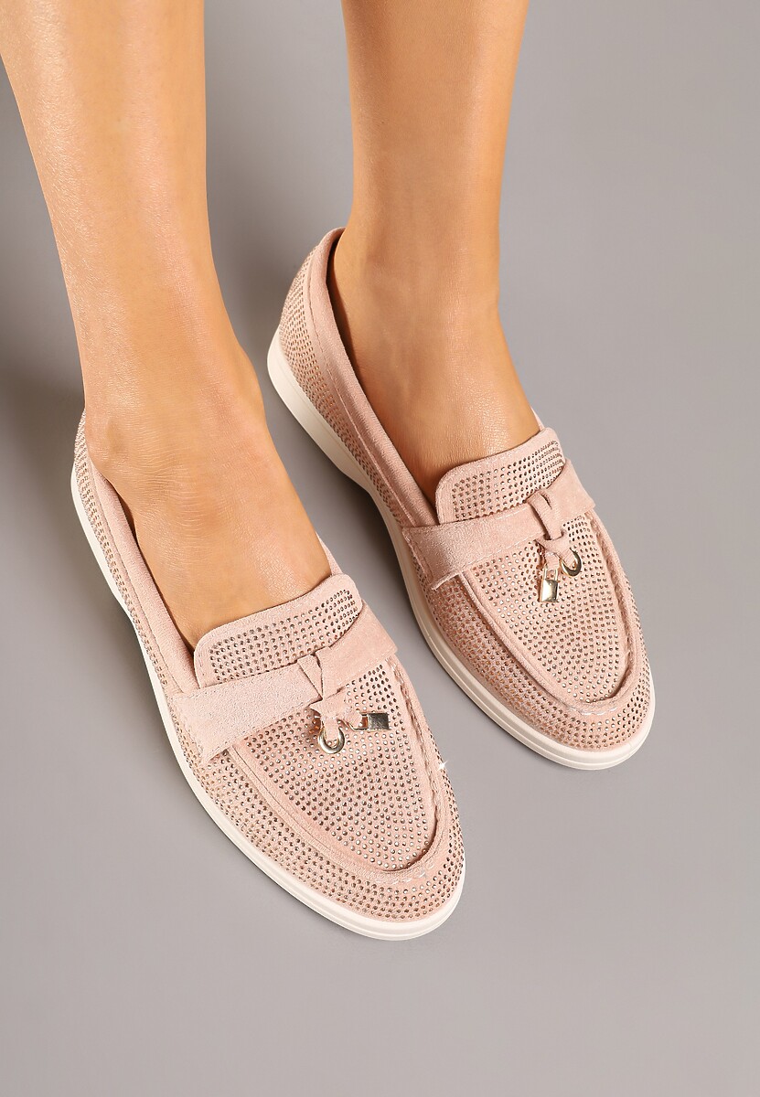 Różowe Mokasyny z Cholewką z Cyrkoniami Zdobione Aplikacją Tenurea