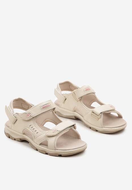 Beżowo-Różowe Sportowe Sandały na Płaskiej Podeszwie ze Skórzaną Wkładką Zapinane na Rzep Frailla