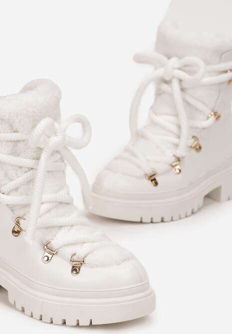 Białe Traperki Wiązane na Sznurek Ozdobione Kożuszkiem Sidonnie