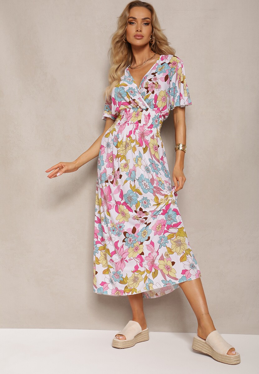 Biało-Różowa Sukienka z Gumką w Talii z Trójkątnym Dekoltem w Kwiatowy Wzór Nellvia