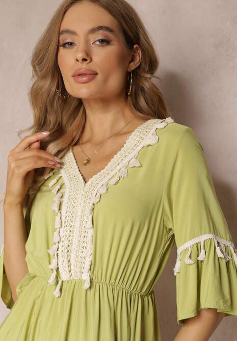 Jasnozielona Sukienka Maxi z Gumką w Talii z Ozdobnymi Chwostami z Wiskozy Zisel