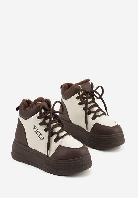 Beżowo-Brązowe Sneakersy na Grubej Podeszwie Mocno Ocieplane Futrem Leavinael