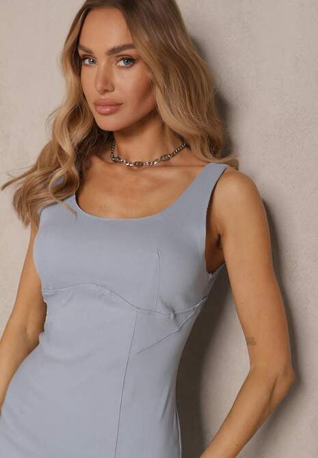 Jasnoniebieska Ołówkowa Sukienka z Wiskozą na Ramiączkach Zdobiona Rozcięciem Felbia