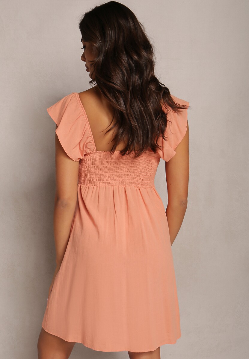 Pomarańczowa Rozkloszowana Bawełniana Sukienka Mini z Krótkim Rękawem i Wycięciem pod Biustem Tremael