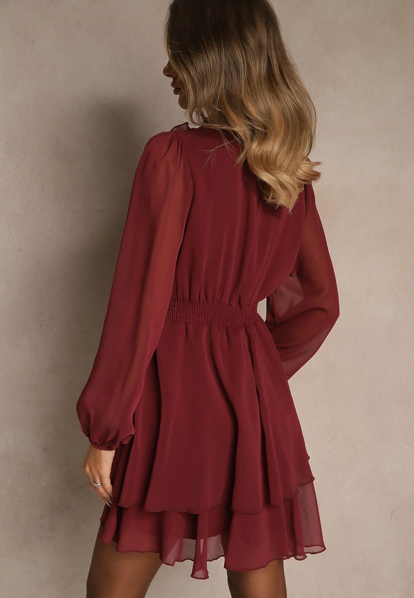 Bordowa Sukienka z Siateczki o Rozkloszowanym Kroju z Bufiastymi Rękawami Aziva