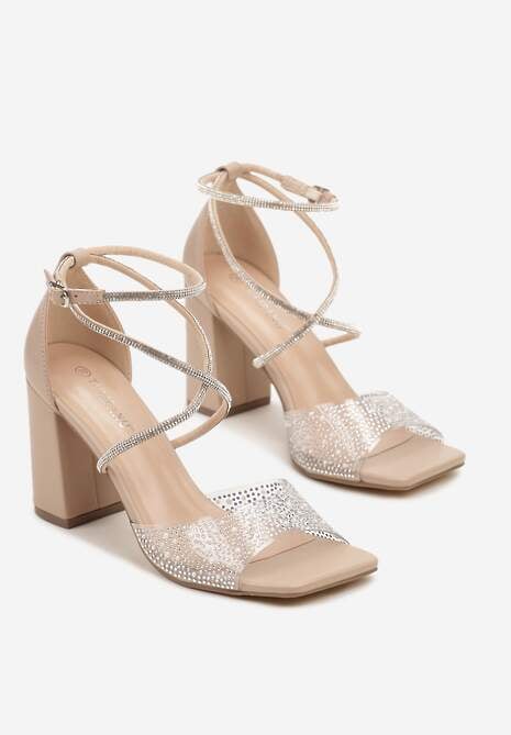 Beżowe Sandały na Słupku Ozdobione Cyrkoniami Fodea