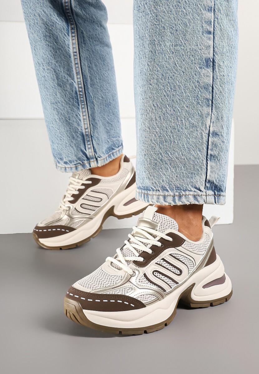 Beżowo-Brązowe Sneakersy na Platformie z Tłoczeniem z Geometrycznym Motywem Delothiel