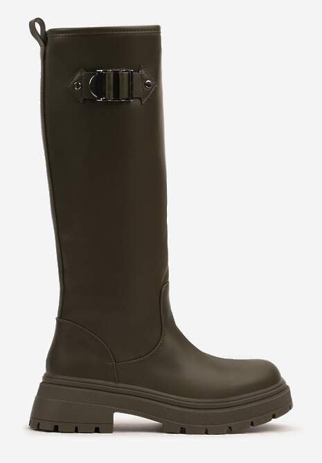 Zielone Kozaki na Płaskiej Podeszwie z Dopasowaną Cholewką z Ekoskóry i Klamrą Bellanor