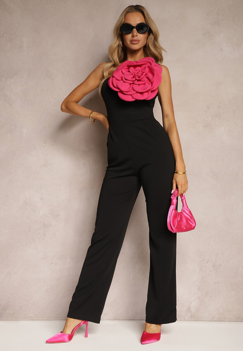 Czarny Taliowany Kombinezon o Asymetrycznym Kroju na Jedno Ramię z Aplikacją Kwiatu Acclea