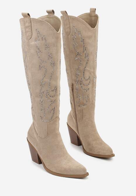 Ciemnobeżowe Kozaki Kowbojki na Stożkowym Obcasie Zdobione Cyrkoniami Nalera