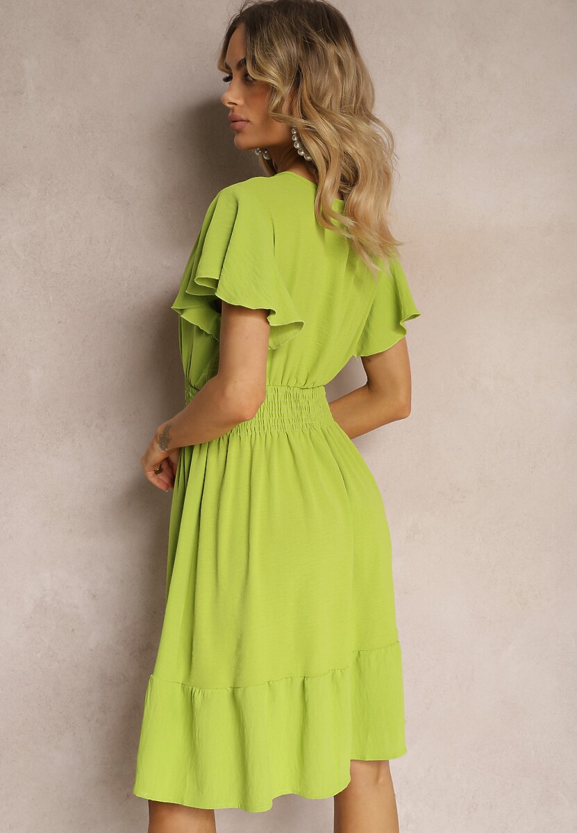 Jasnozielona Sukienka z Falbankami i Marszczoną Gumką w Talii Edenia