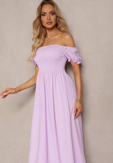 Jasnofioletowa Sukienka z Gumeczkami w Talii i Przy Dekolcie z Rozkloszowanym Dołem Anideta