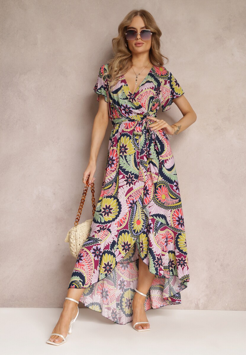 Różowo-Fioletowa Kopertowa Sukienka Maxi z Materiałowym Paskiem i Gumką w Talii z Bawełny Alyn