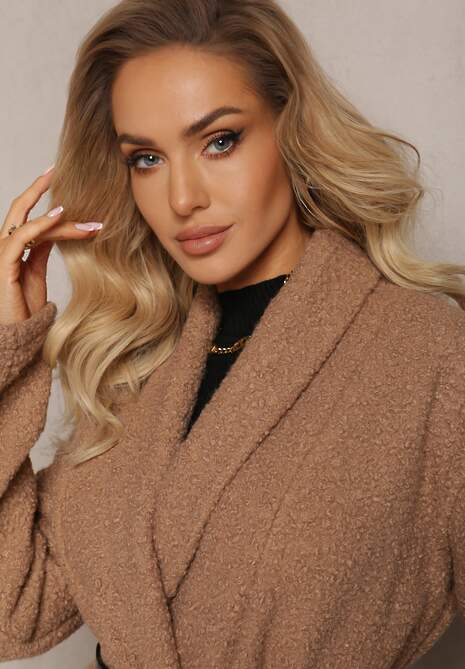 Beżowy Luźny Płaszcz Niezapinany z Paskiem Acompana