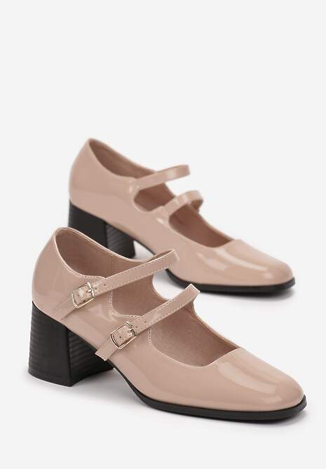 Beżowe Lakierowane Czółenka Zapinane na Dwa Paski Heleo