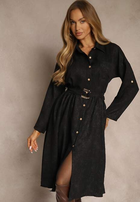 Czarna Sukienka Koszulowa z Paskiem z Klamrą i Kieszonką Parmio