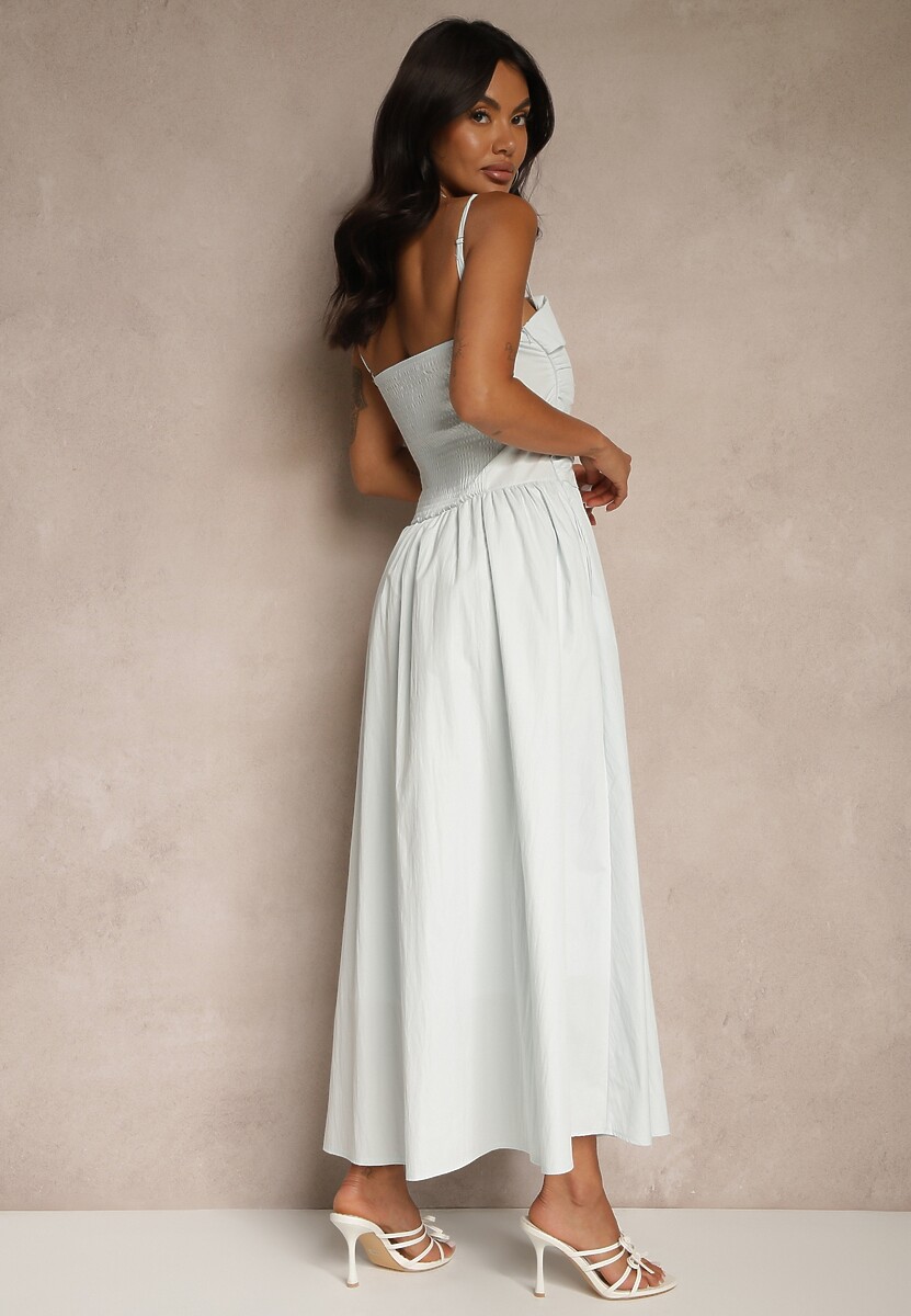 Jasnoniebieska Sukienka z Wiskozy z Bawełną Ozdobiona Zakładką Atellana