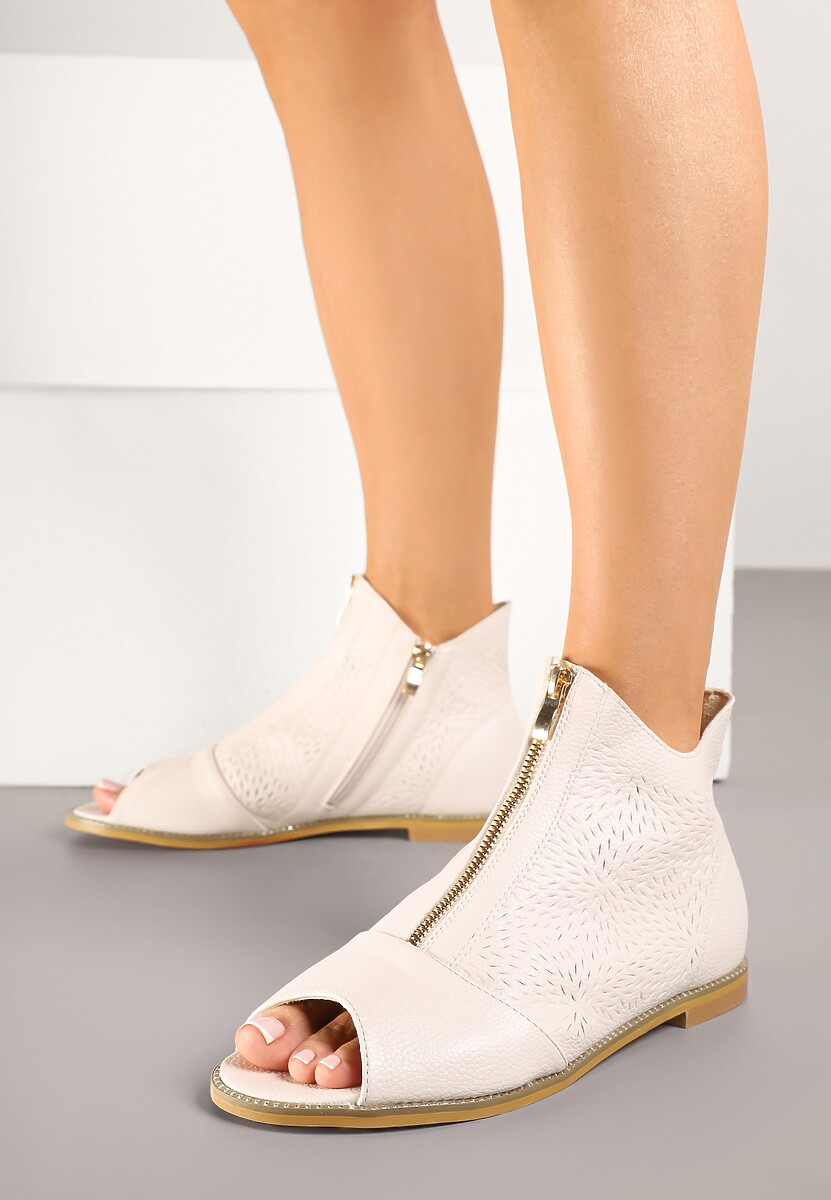 Beżowe Botki ze Skórzaną Wkładką z Tłoczoną Cholewką Lirive