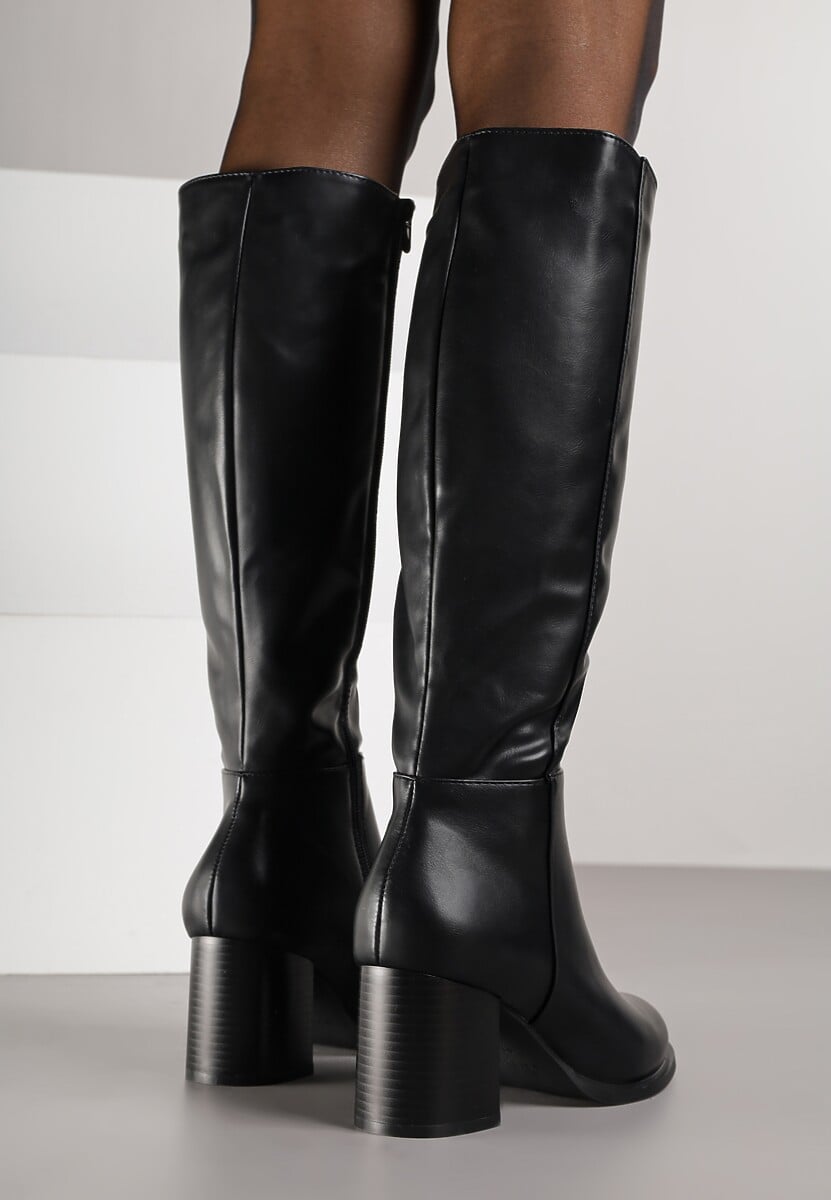 Czarne Kozaki na Słupku VICES z Ozdobnym Przeszyciem Liladevia