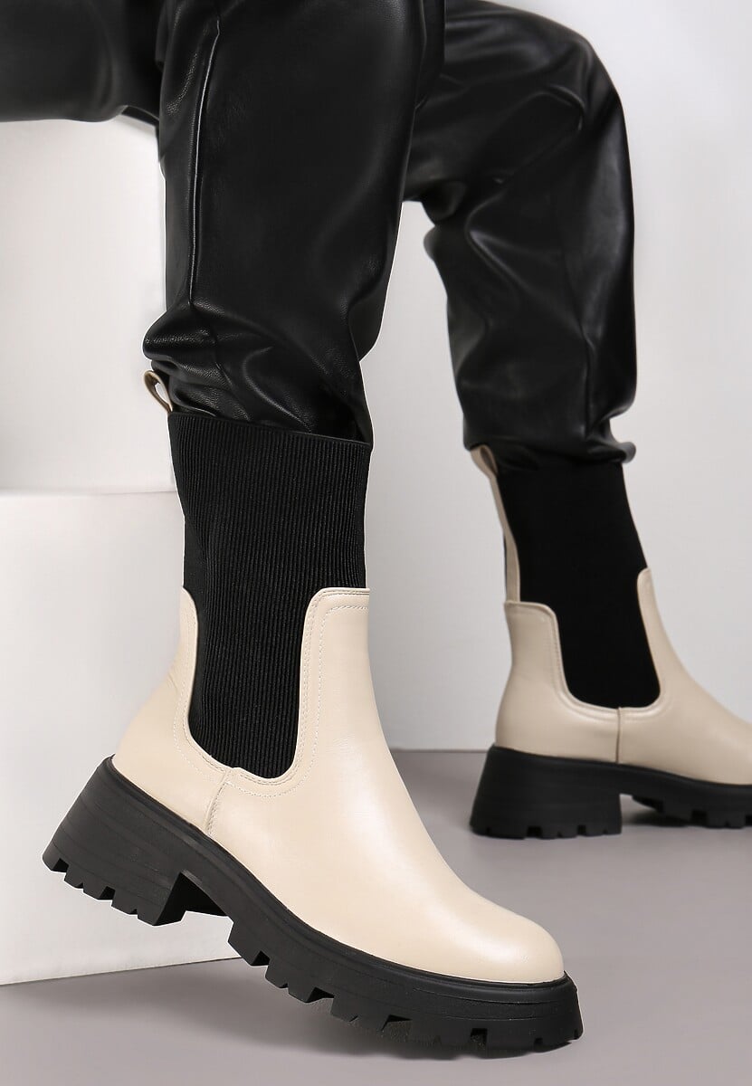 Beżowe Botki Sztyblety z Elastyczną Cholewką Naka