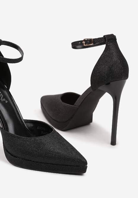 Czarne Eleganckie Brokatowe Szpilki Zapinane Wokół Kostki Daiera