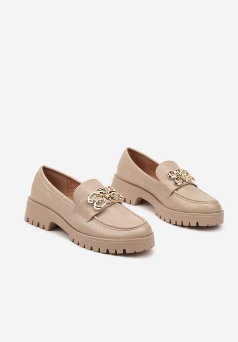 Ciemnobeżowe Mokasyny na Niskiej Platformie z Metalowym Detalem Ahlerina