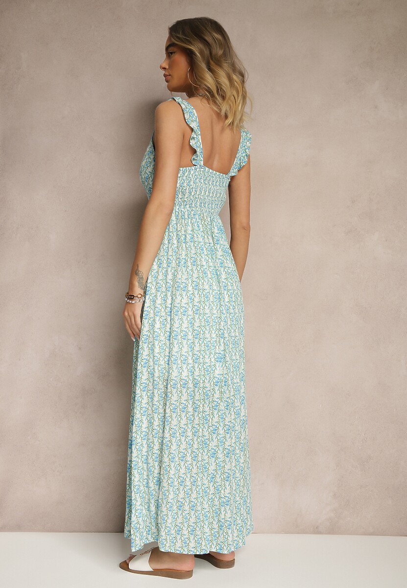 Niebieska Sukienka z Wiskozy z Falbankami w Kwiatowy Wzór Redeine